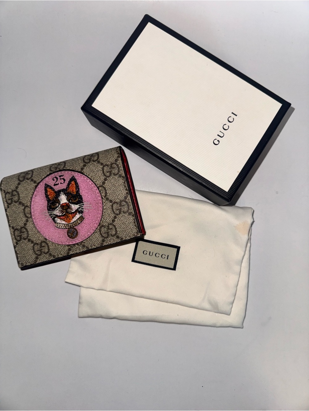 Gucci GG Supreme Canvas Wallet with Pink Cat Patch
